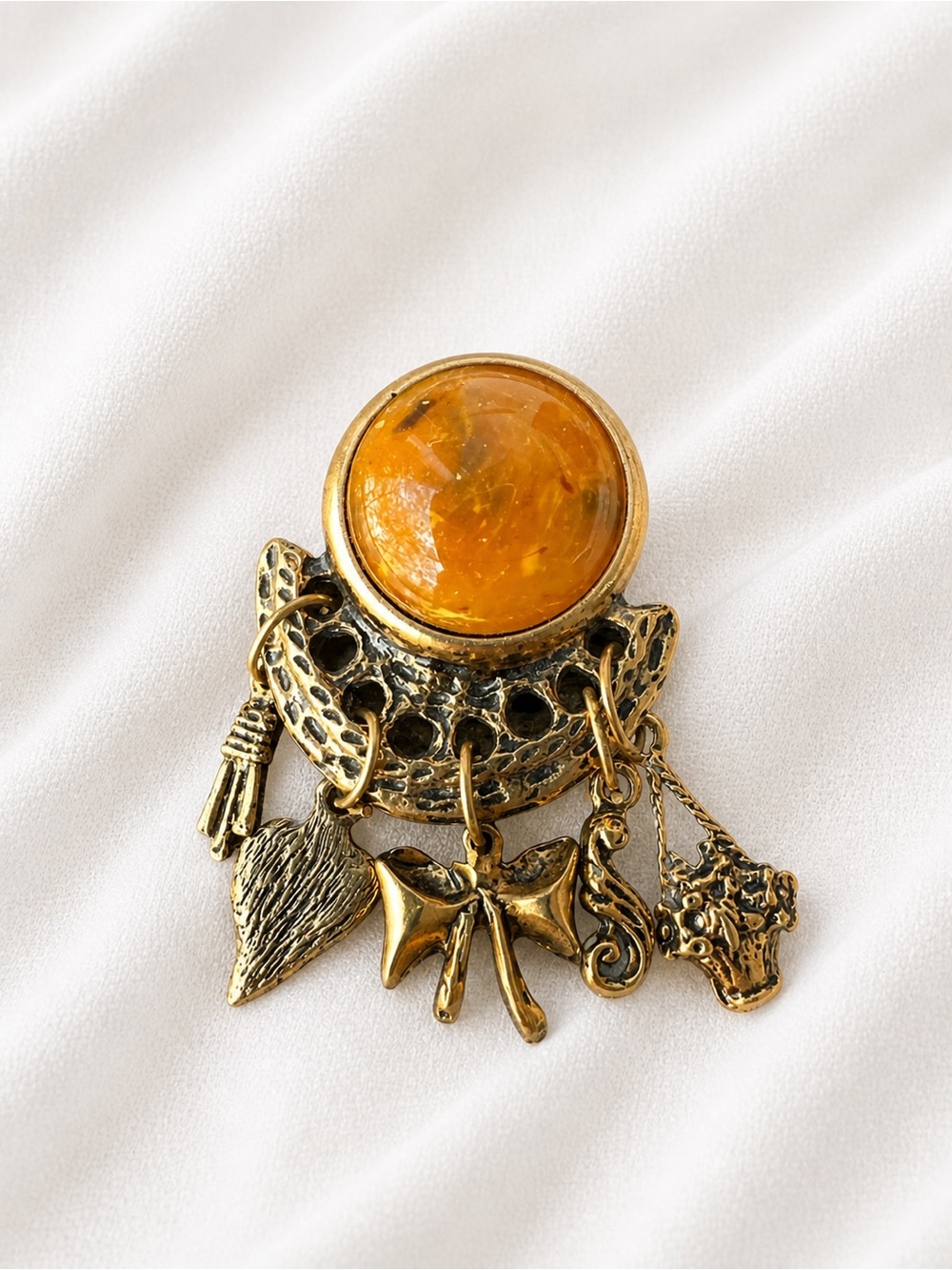 Vintage Amber Cabochon Charm Brooch Gold Tone Dangle Charms Retro Statement